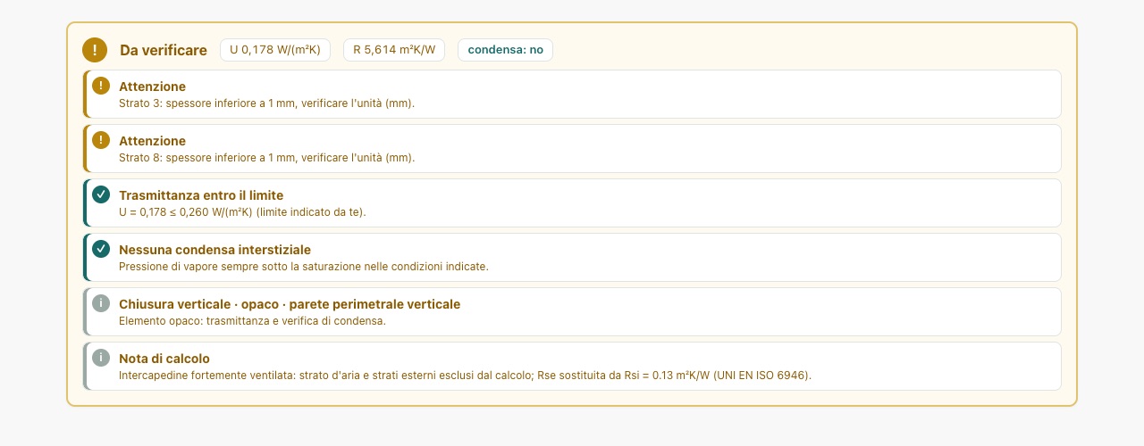 Riquadro di esito dell'analisi con trasmittanza, condensa e verifiche