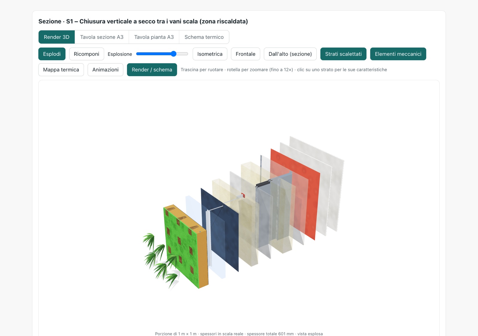 Render 3D esploso di una facciata verde con staffe, montanti e profili in trasparenza